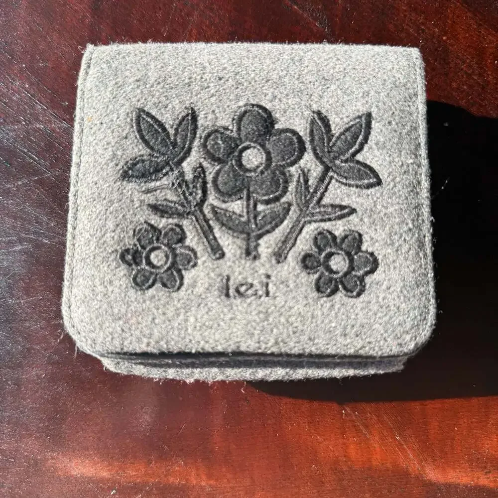 lei Grey Felt Wallet with Embroidered Floral Design with Damaged Mirror